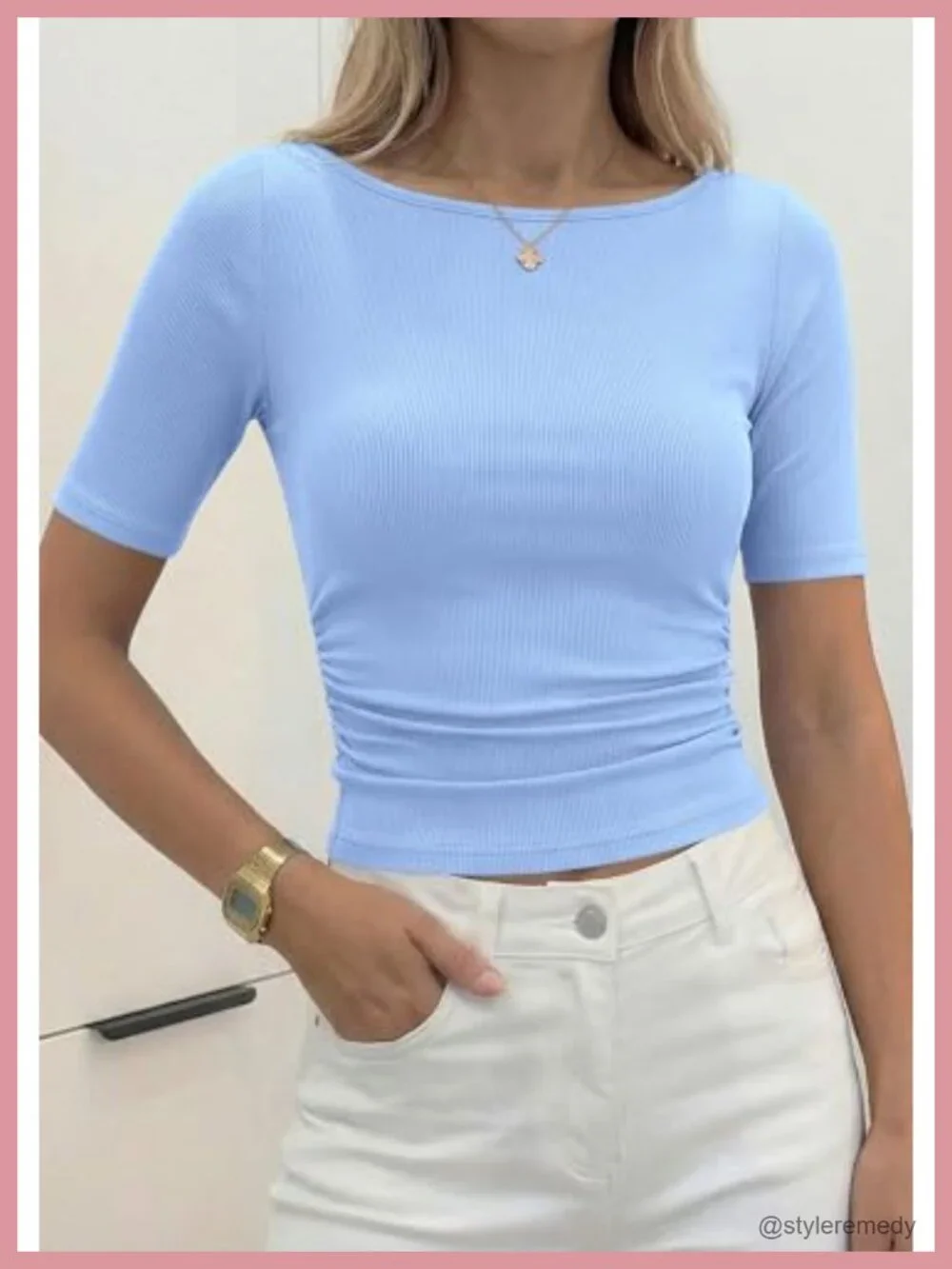 Short Sleeve Boat Neck Ribbed Knit Slim Fit T-Shirt Women's Basic Top